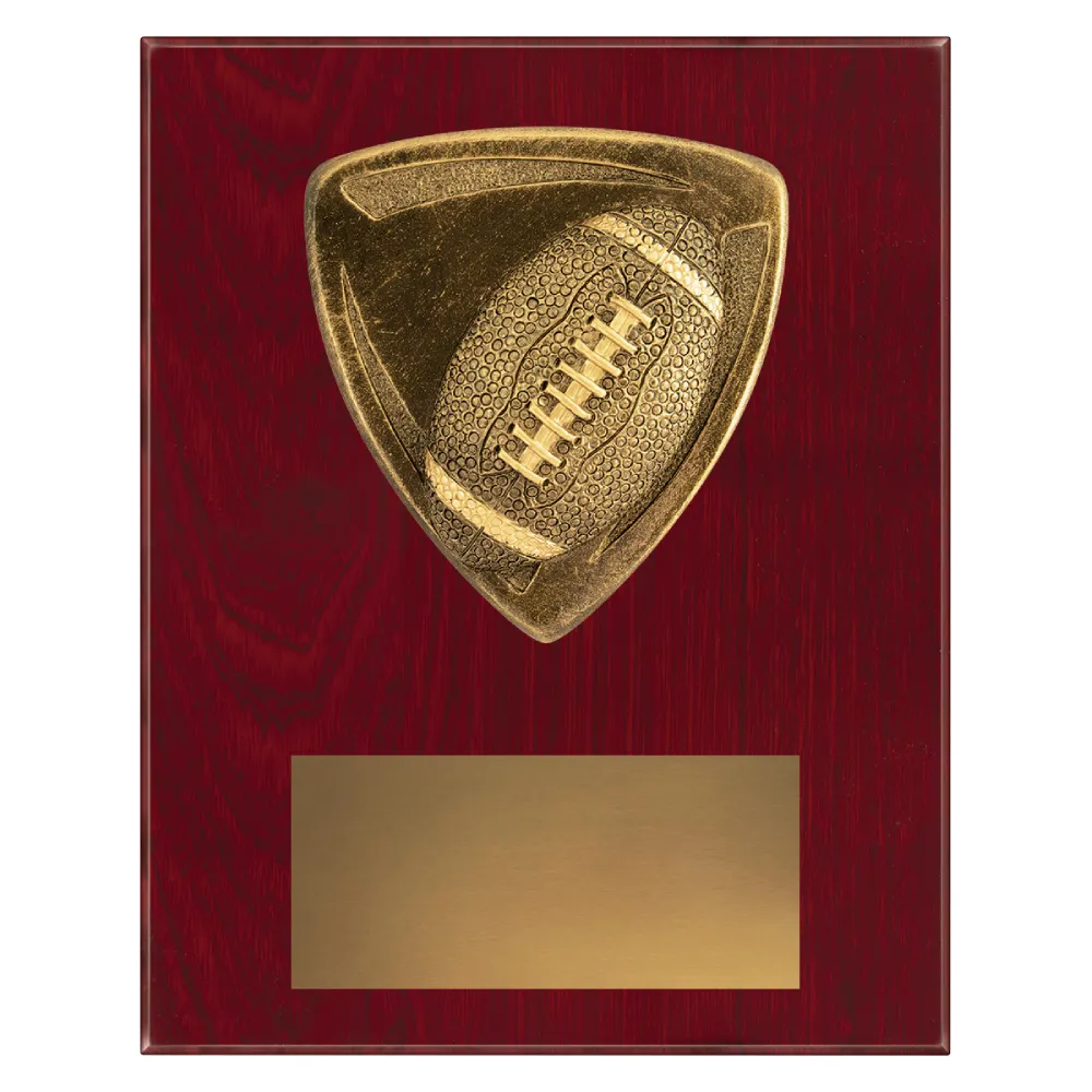 American football plaque with football emblem on a wooden plaque.