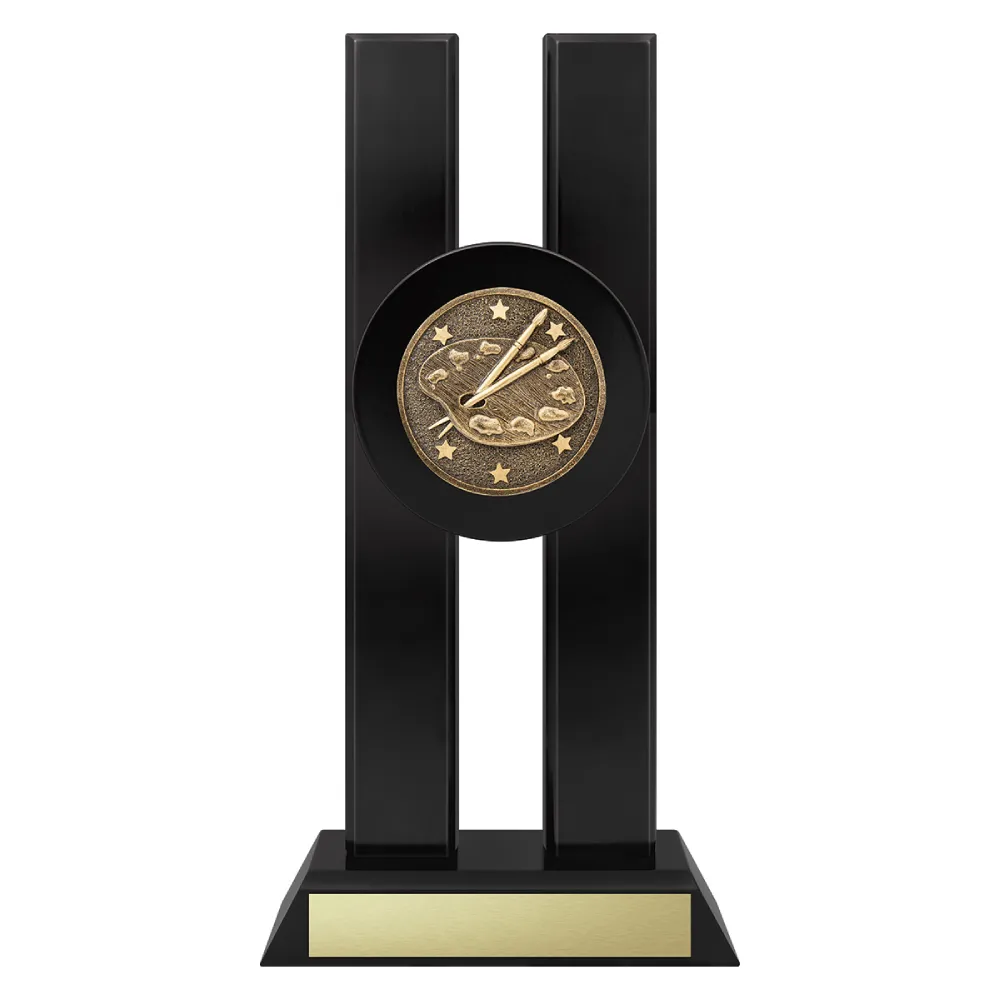Art Spotlight art trophy with palette and paint brush emblem on a black base.