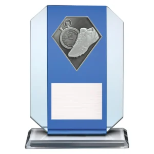 athletics glass award with shoe and stopwatch emblem on a blue glass plaque.
