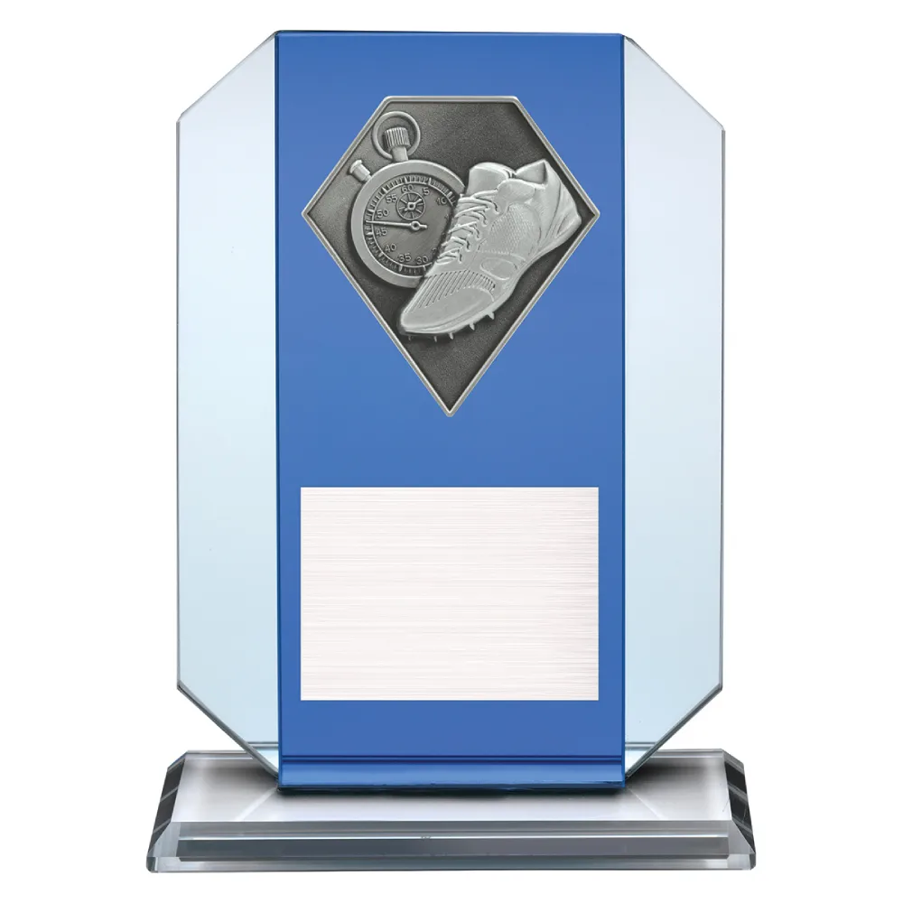 athletics glass award with shoe and stopwatch emblem on a blue glass plaque.