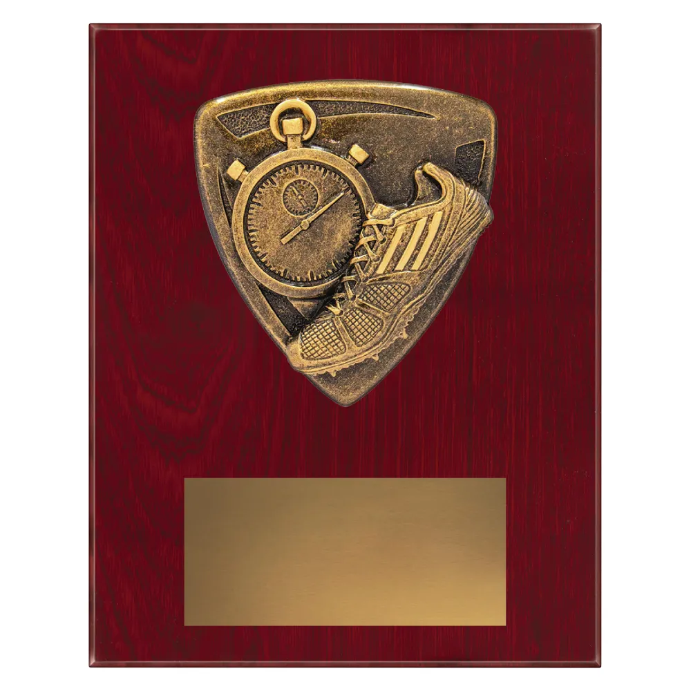 Athletics Nova Plaque small athletics plaque with stopwatch and shoe and emblem on a wooden plaque.