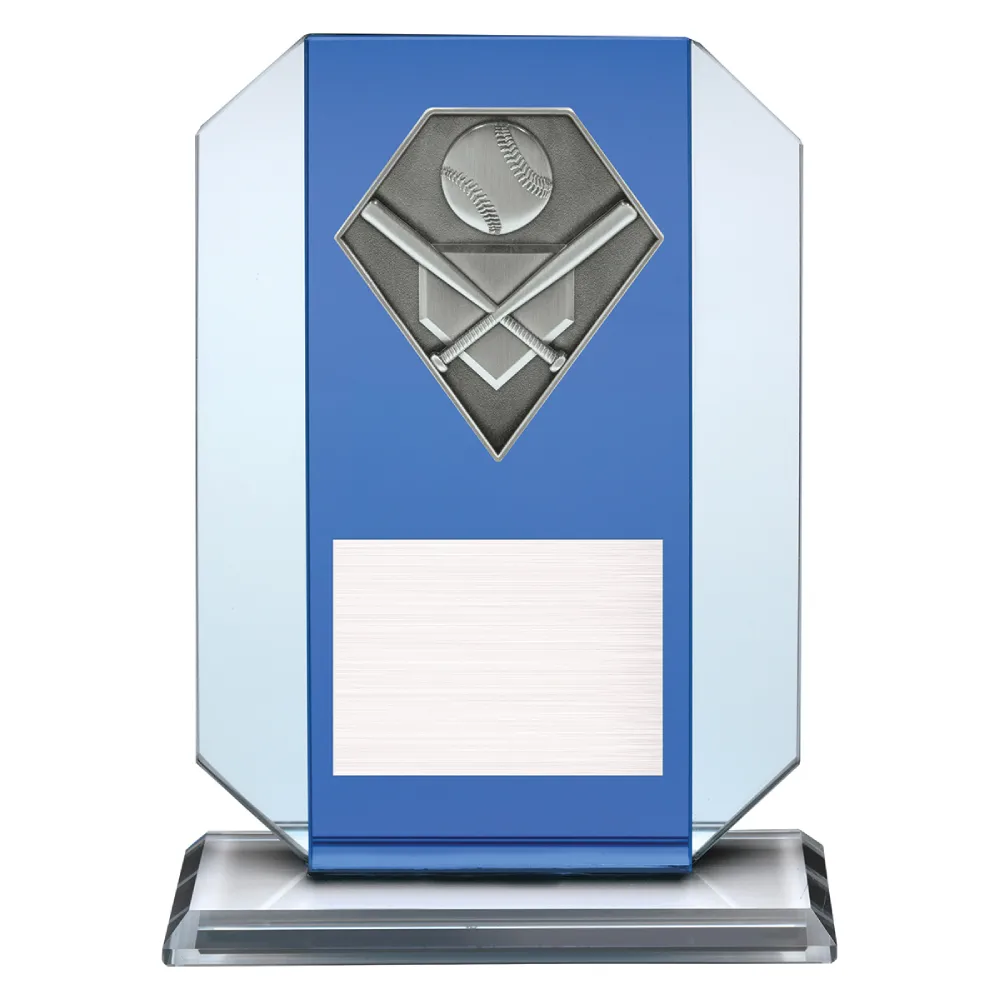 Baseball Icebreaker Glass baseball glass award with bats and ball emblem on a blue glass plaque.