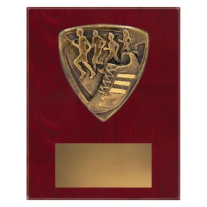 cross country plaque with runners and shoe and emblem on a wooden plaque.