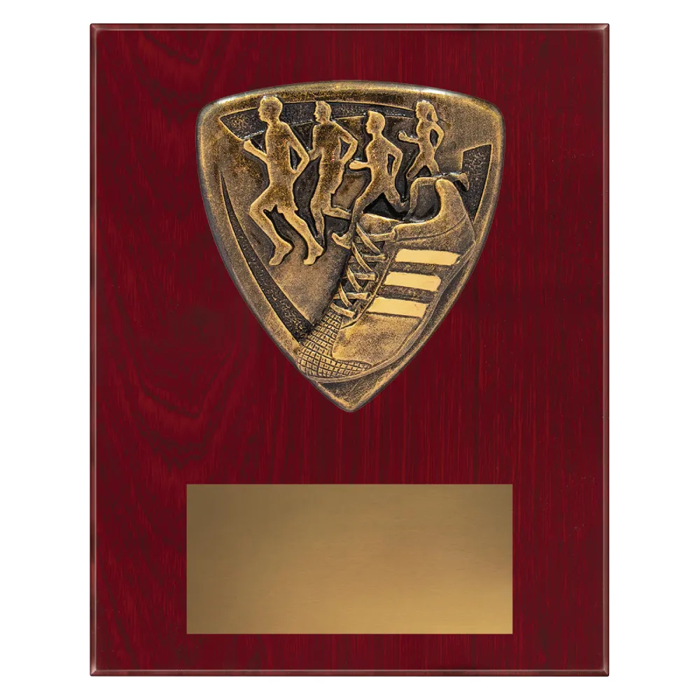 Cross Country small cross country plaque with runners and shoe and emblem on a wooden plaque.