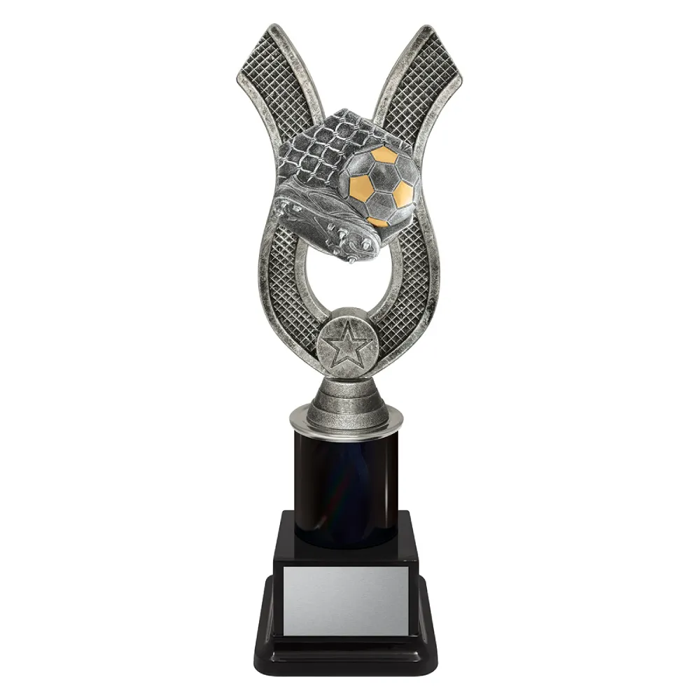 Football Anchor medium black and silver trophy boot, ball and net on a black base.