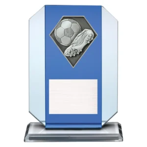 Football glass award with boot and ball emblem on a blue glass plaque.