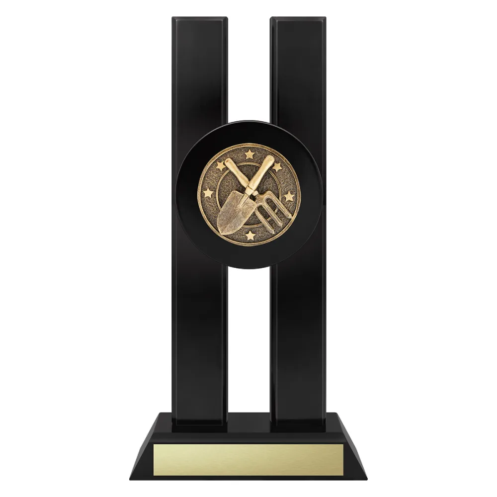 Gardening Spotlight gardening trophy with trowel and garden fork emblem on a black base.