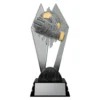 black and silver trophy with glove and ball soccer