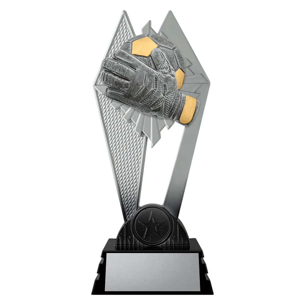 black and silver trophy with glove and ball soccer