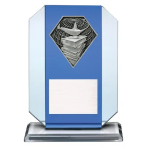 Academic glass award with books and lamp emblem on a blue glass plaque.