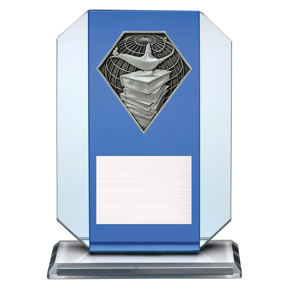 Icebreaker Glass - Academic Academic glass award with books and lamp emblem on a blue glass plaque.