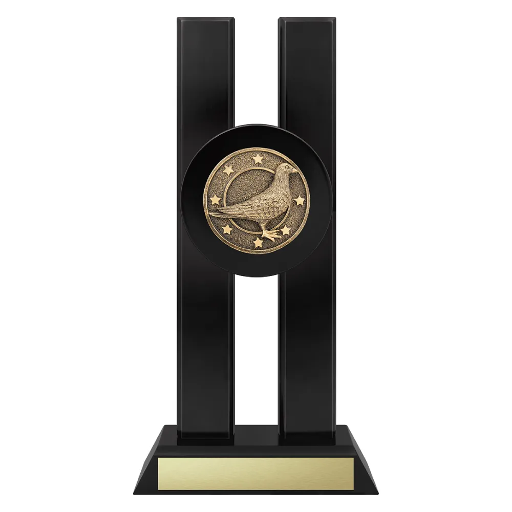 Pigeon trophy with Pigeon and stars emblem on a black base.