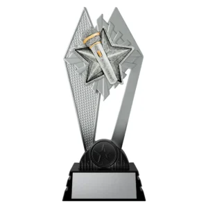 black and silver trophy with microphone and star