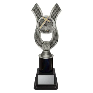Religious studies trophy with cross and open Bible on a black base.