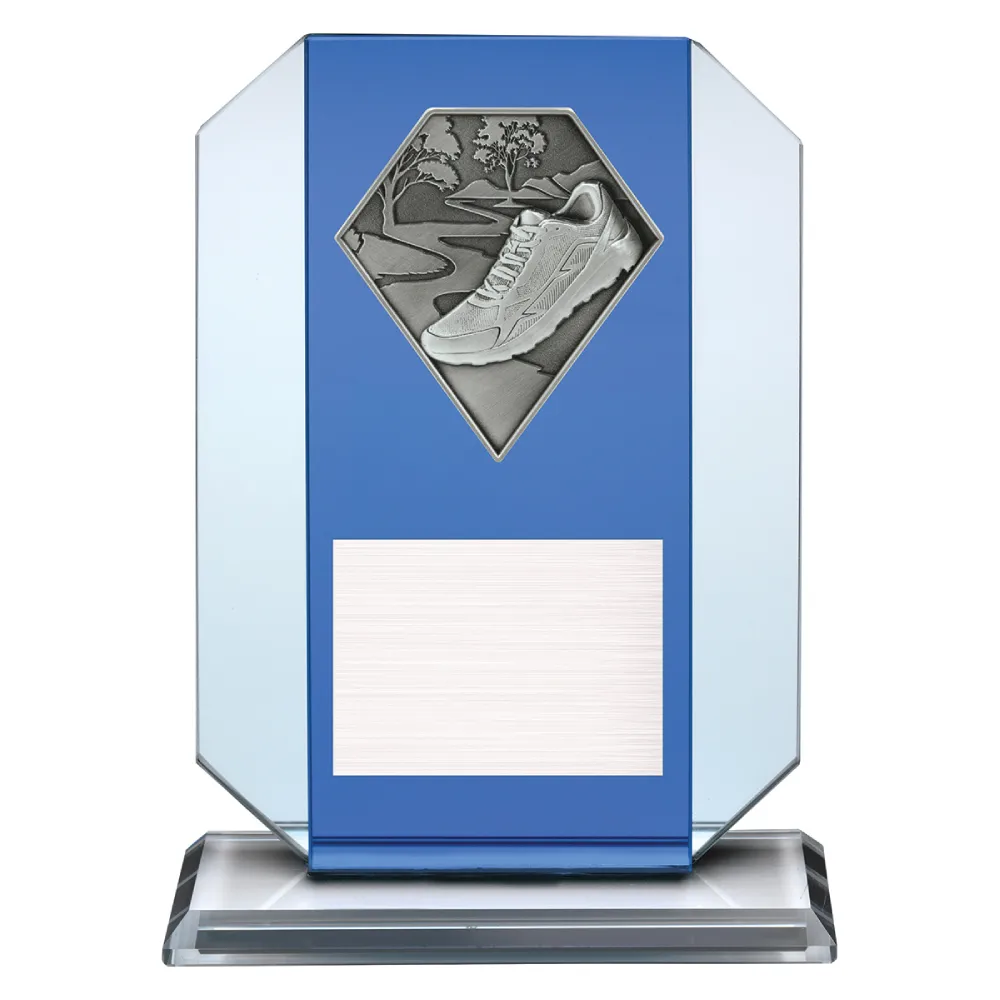 Running Icebreaker Glass running glass award with shoe and track emblem on a blue glass plaque.