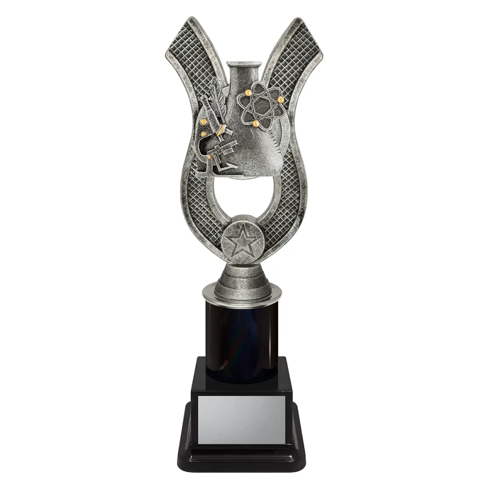 Science Anchor medium Science trophy with microscope, atom symbol, and beaker on a black base.