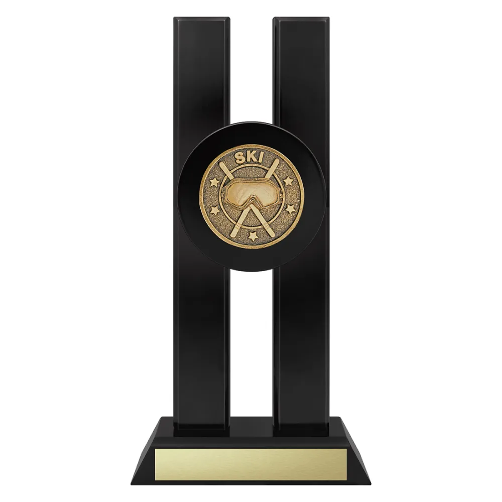 Skiing Spotlight skiing trophy with mask and poles emblem on a black base.