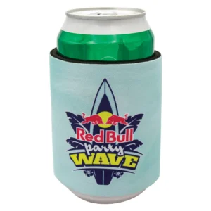Neoprene can cooler with wraparound sleeve.