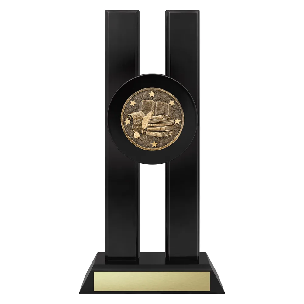 Spotlight English literature trophy with books and quill emblem on a black base.