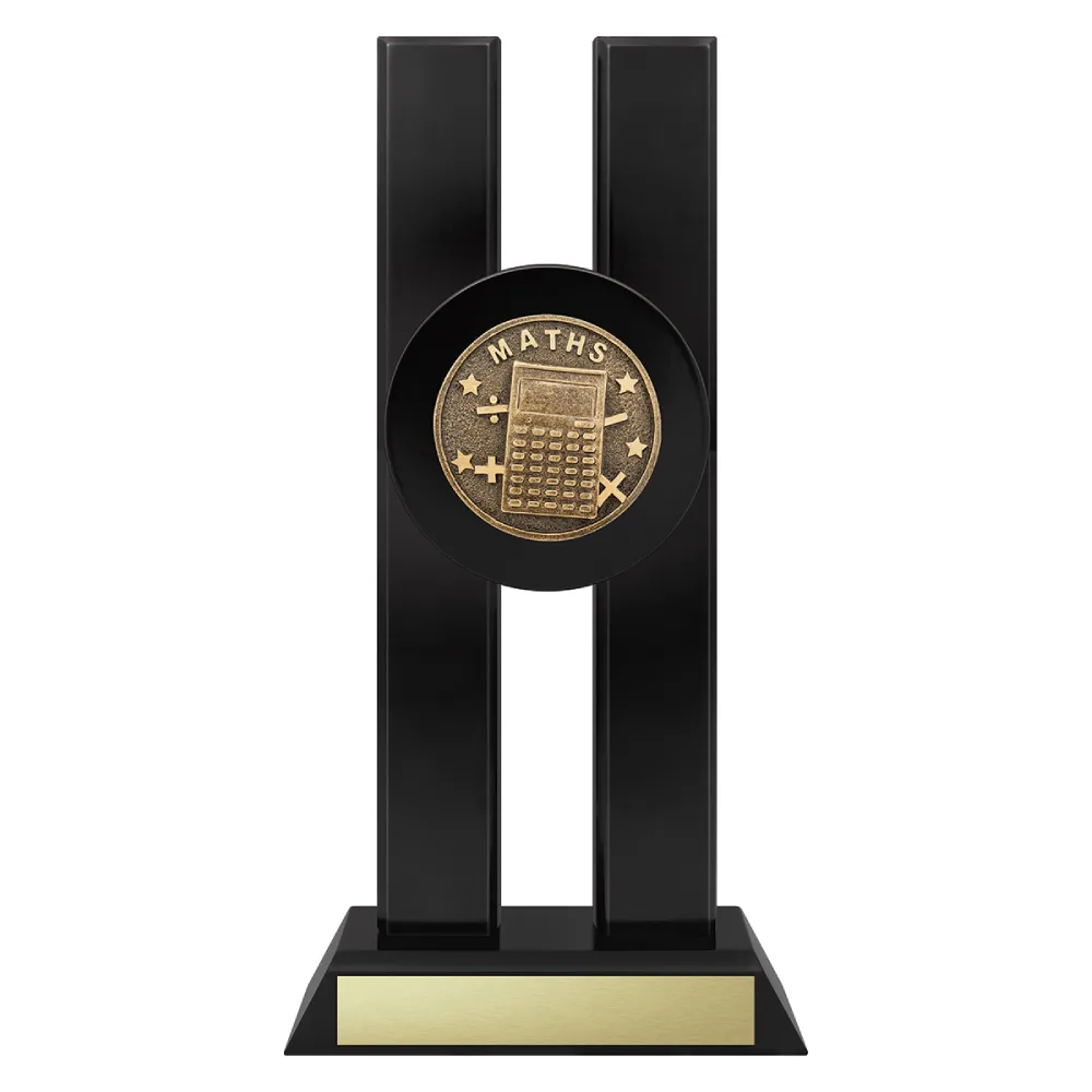 Spotlight Maths maths trophy with symbols and calculator emblem on a black base.