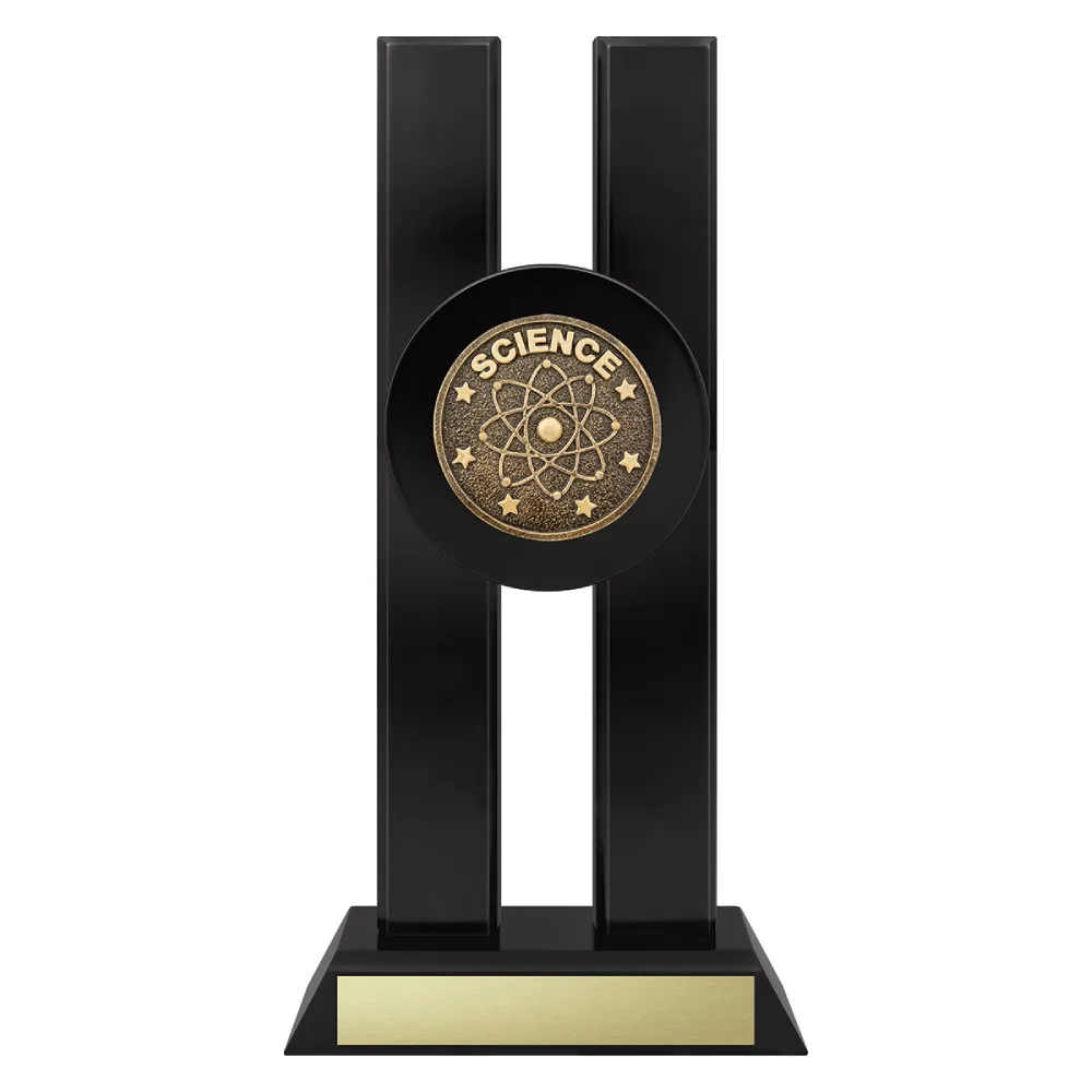 Spotlight Science science trophy with atoms emblem on a black base.