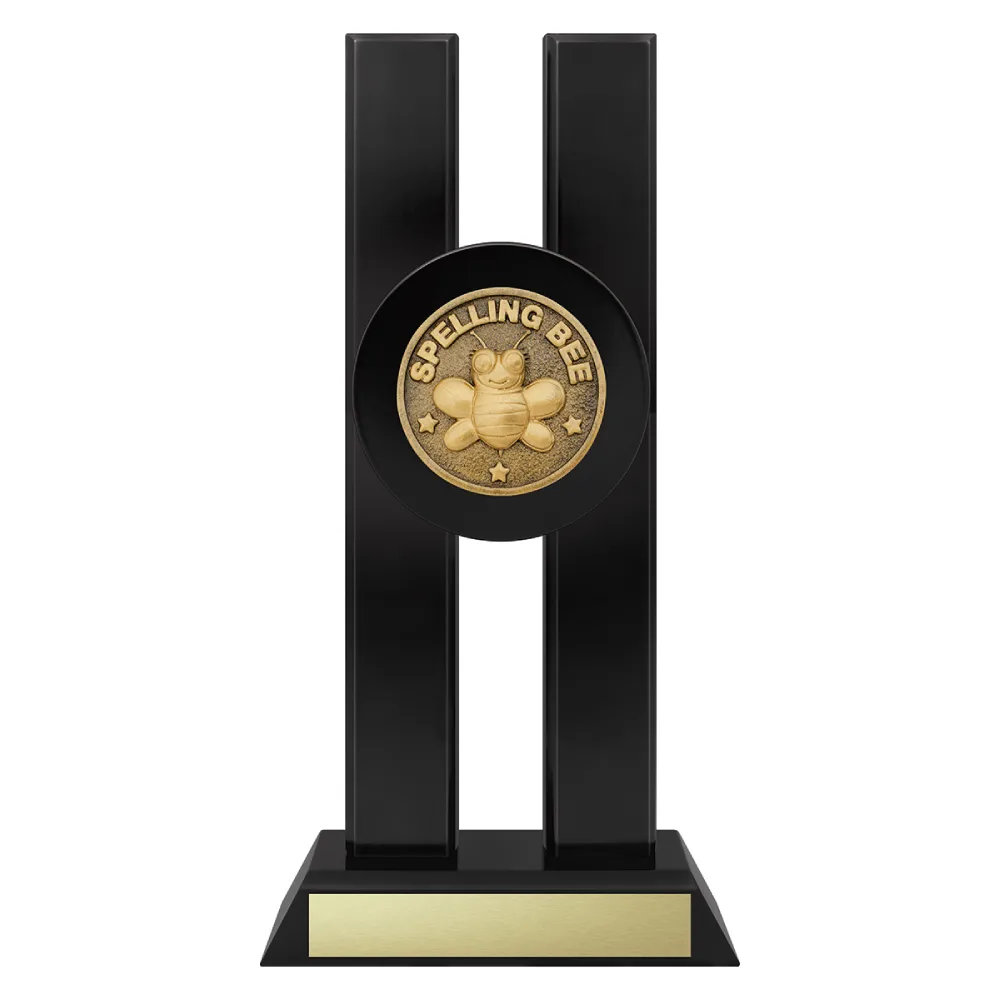 Spotlight Spelling Bee spelling trophy with bee emblem on a black base.