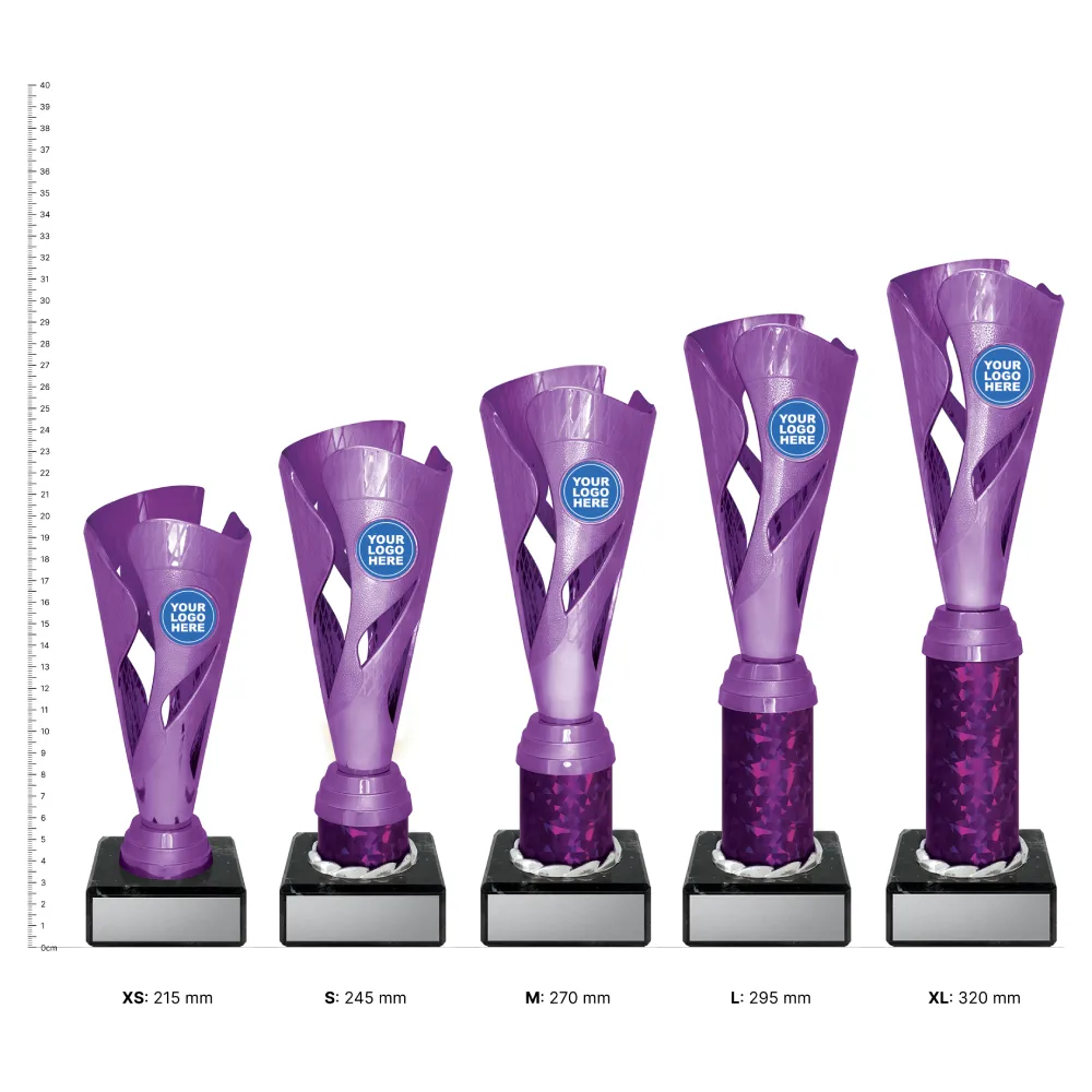 Tiger Cup Purple Tiger Cup purple trophies next to ruler