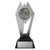 black and silver trophy with players and goals