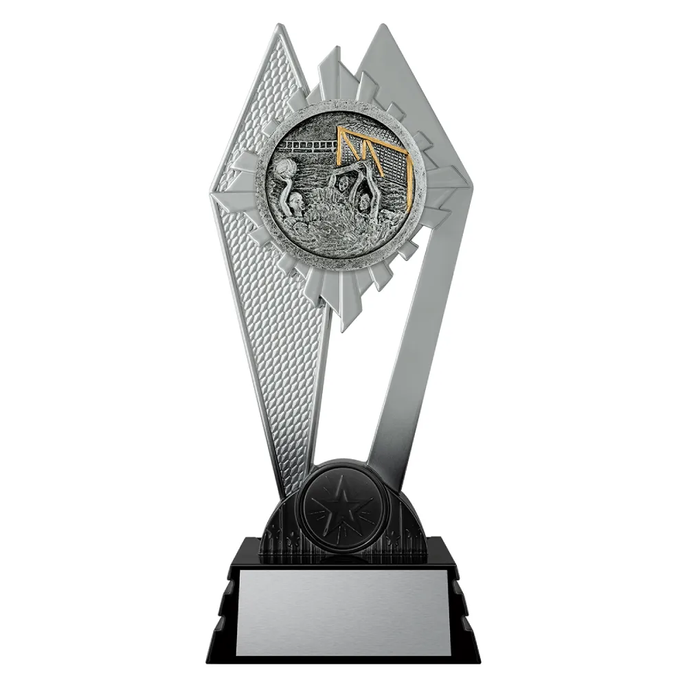 black and silver trophy with players and goals